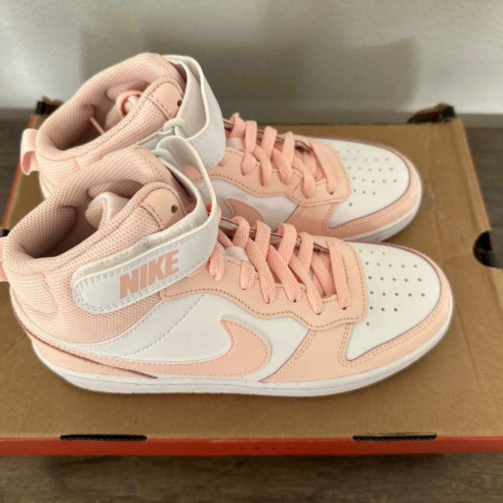 Nike Pink & White Mid-Top Sneakers with Velcro Strap